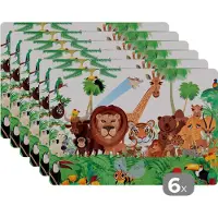 KitchenYeah Placemat - Placemats kunststof - Wilde dieren - Jungle - Leeuw - Tijger - Meisjes - Kids - Jongens - 45x30 cm - 6 stuks - Hittebestendig - Anti-Slip - Onderlegger - Afneembaar