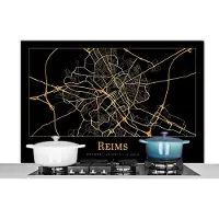 KitchenYeah Spatscherm keuken 120x80 cm - Kookplaat achterwand Kaart - Reims - Zwart - Goud - Muurbeschermer - Spatwand fornuis - Hoogwaardig aluminium