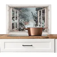 KitchenYeah Spatscherm keuken 80x55 cm - Kookplaat achterwand Bos - Winter - Bomen - Natuur - Pad - Doorkijk - Wit - Muurbeschermer - Spatwand fornuis - Hoogwaardig aluminium