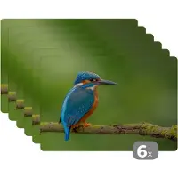 KitchenYeah Placemat - Placemats kunststof - IJsvogel - Tak - Mos - Vogel - Groen - 45x30 cm - 6 stuks - Hittebestendig - Anti-Slip - Onderlegger - Afneembaar