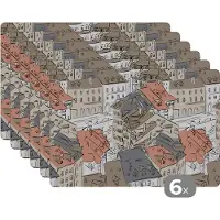 KitchenYeah Placemat - Placemats kunststof - Gebouw - Patronen - Steden - 45x30 cm - 6 stuks - Hittebestendig - Anti-Slip - Onderlegger - Afneembaar