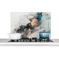 KitchenYeah Spatscherm - Blauw - Goud - Spatwand - Abstract - Marmer print - Achterwand keuken - Keuken - 80x55 cm