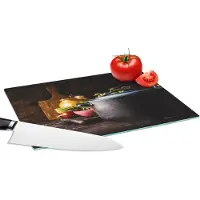 KitchenYeah Glazen Snijplank - 28x20 - Rustiek - Stilleven - Pan - Groente - Snijplanken Glas
