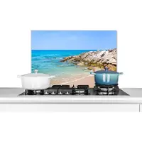 KitchenYeah Spatscherm keuken 70x50 cm - Kookplaat achterwand Strand - Zee - Tropisch - Zomer - Muurbeschermer - Spatwand fornuis - Hoogwaardig aluminium