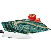 KitchenYeah Glazen Snijplank - 28x20 - Marmerlook - Luxe - Goud - Turquoise - Glitter - Snijplanken Glas