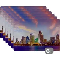 KitchenYeah Placemats - Skyline - Amerika - Stad - Avond - Onderleggers placemat - Onderlegger - Placemat - 45x30 cm - 6 stuks