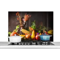 KitchenYeah Spatscherm keuken 100x65 cm - Kookplaat achterwand Groente - Fruit - Rustiek - Tafel - Muurbeschermer - Spatwand fornuis - Hoogwaardig aluminium