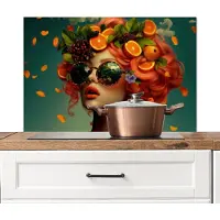 KitchenYeah Spatscherm keuken 80x55 cm - Kookplaat achterwand Vrouw - Sinaasappel - Bessen - Oranje - Muurbeschermer - Spatwand fornuis - Hoogwaardig aluminium