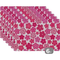 KitchenYeah Placemat - Placemats kunststof - Bloemen - Roze - Patronen - 45x30 cm - 6 stuks - Hittebestendig - Anti-Slip - Onderlegger - Afneembaar