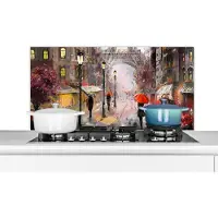 KitchenYeah Spatscherm keuken 100x50 cm - Kookplaat achterwand Schilderij - Parijs - Eiffeltoren - Paraplu - Olieverf - Muurbeschermer - Spatwand fornuis - Hoogwaardig aluminium