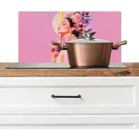 KitchenYeah Spatscherm keuken 70x30 cm - Kookplaat achterwand Vrouw - Bloemen - Paars - Abstract - Muurbeschermer - Spatwand fornuis - Hoogwaardig aluminium