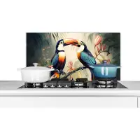 KitchenYeah Spatscherm keuken 90x45 cm - Kookplaat achterwand Toekan - Vogels - Bloemen - Natuur - Jungle - Muurbeschermer - Spatwand fornuis - Hoogwaardig aluminium