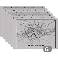 KitchenYeah Placemat - Placemats kunststof - Plattegrond – Brugge – Zwart Wit – Stadskaart - Kaart - België - 45x30 cm - 6 stuks - Hittebestendig - Anti-Slip - Onderlegger - Afneembaar
