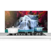 KitchenYeah Spatscherm keuken 120x60 cm - Kookplaat achterwand Waterval - Bomen - Rood - Landschap - Natuur - Muurbeschermer - Spatwand fornuis - Hoogwaardig aluminium