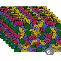 KitchenYeah Placemat - Placemats kunststof - Bloemen - Patroon - Afrika - 45x30 cm - 6 stuks - Hittebestendig - Anti-Slip - Onderlegger - Afneembaar