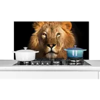 KitchenYeah Spatscherm keuken 100x50 cm - Kookplaat achterwand Leeuw - Dieren - Zwart - Licht - Bruin - Portret - Muurbeschermer - Spatwand fornuis - Hoogwaardig aluminium