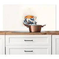 KitchenYeah Spatscherm keuken 120x60 cm - Kookplaat achterwand Theekop - Bladeren - Blauw - Muurbeschermer - Spatwand fornuis - Hoogwaardig aluminium