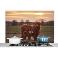 KitchenYeah Spatscherm - Spatwand - Schotse hooglander - Kalf - Koe - Zonsondergang - Natuur - Muurbeschermer - 120x80 cm - Achterwand keuken - Spatscherm natuur - Decoratie keuken