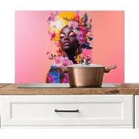 KitchenYeah Spatscherm keuken 90x60 cm - Kookplaat achterwand Kleurrijk - Bloemen - Vrouw - Zon - Muurbeschermer - Spatwand fornuis - Hoogwaardig aluminium