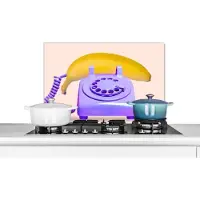 KitchenYeah Spatscherm keuken 60x40 cm - Kookplaat achterwand Banaan - Telefoon - Paars - Geel - Muurbeschermer - Spatwand fornuis - Hoogwaardig aluminium
