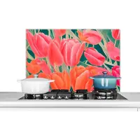KitchenYeah Spatscherm keuken 90x60 cm - Kookplaat achterwand Tulpen - Bloemen - Roze - Rood - Kunst - Muurbeschermer - Spatwand fornuis - Hoogwaardig aluminium