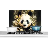 KitchenYeah Spatscherm keuken 90x60 cm - Kookplaat achterwand Panda - Pandabeer - Wilde dieren - Natuur - Bloemen - Muurbeschermer - Spatwand fornuis - Hoogwaardig aluminium