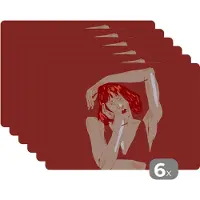 KitchenYeah Placemat - Placemats kunststof - Vrouw - Rood - Abstract - Portret - 45x30 cm - 6 stuks - Hittebestendig - Anti-Slip - Onderlegger - Afneembaar