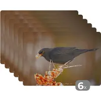 KitchenYeah Placemat - Placemats kunststof - Vogel - Merel - Winter - IJs - Bes - 45x30 cm - 6 stuks - Hittebestendig - Anti-Slip - Onderlegger - Afneembaar