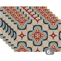 KitchenYeah Placemat - Placemats kunststof - Bloemen - Tegel - Vector - Patroon - 45x30 cm - 6 stuks - Hittebestendig - Anti-Slip - Onderlegger - Afneembaar