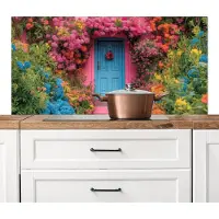 KitchenYeah Spatscherm keuken 120x60 cm - Kookplaat achterwand Bloemen - Deur - Roze - Muurbeschermer - Spatwand fornuis - Hoogwaardig aluminium