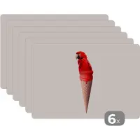 KitchenYeah Placemat - Placemats kunststof - IJs - Papegaai - Rood - IJshoorntjes - Wit - 45x30 cm - 6 stuks - Hittebestendig - Anti-Slip - Onderlegger - Afneembaar