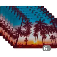 KitchenYeah Placemat - Placemats kunststof - Palmboom - Zonsondergang - Horizon - Strand - Oranje - Roze - 45x30 cm - 6 stuks - Hittebestendig - Anti-Slip - Onderlegger - Afneembaar