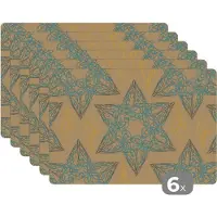 KitchenYeah Placemat - Placemats kunststof - Kerstster - Blauw - Geel - Patronen - Christmas - 45x30 cm - 6 stuks - Hittebestendig - Anti-Slip - Onderlegger - Afneembaar