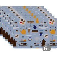KitchenYeah Placemat - Placemats kunststof - Patronen - Cupcake - Theepot - Thee - 45x30 cm - 6 stuks - Hittebestendig - Anti-Slip - Onderlegger - Afneembaar