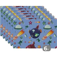 KitchenYeah Placemat - Placemats kunststof - Ruimte - Regenboog - Ufo - Raket - Design - 45x30 cm - 6 stuks - Hittebestendig - Anti-Slip - Onderlegger - Afneembaar