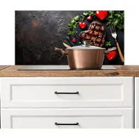 KitchenYeah Spatscherm keuken 90x45 cm - Kookplaat achterwand Steak - Hart - Bestek - Muurbeschermer - Spatwand fornuis - Hoogwaardig aluminium