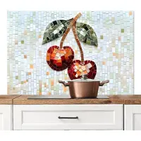 KitchenYeah Spatscherm keuken 120x80 cm - Kookplaat achterwand Kersen - Rood - Mozaïek - Blaadjes - Muurbeschermer - Spatwand fornuis - Hoogwaardig aluminium