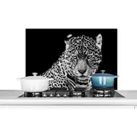 KitchenYeah Spatscherm keuken 90x60 cm - Kookplaat achterwand Luipaard - Dieren - Zwart - Wit - Portret - Muurbeschermer - Spatwand fornuis - Hoogwaardig aluminium