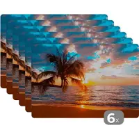 KitchenYeah Placemat - Placemats kunststof - Palm - Zonsondergang - Horizon - Strand - Zee - Tropisch - 45x30 cm - 6 stuks - Hittebestendig - Anti-Slip - Onderlegger - Afneembaar