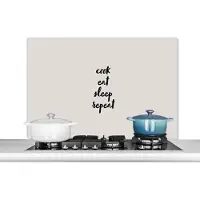 KitchenYeah Spatscherm keuken 100x65 cm - Kookplaat achterwand Quotes - Eten - Spreuken - Cook eat sleep repeat - Koken - Muurbeschermer - Spatwand fornuis - Hoogwaardig aluminium