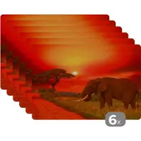 KitchenYeah Placemat - Placemats kunststof - Olifant - Zonsondergang - Oranje - Savanne - Dieren - 45x30 cm - 6 stuks - Hittebestendig - Anti-Slip - Onderlegger - Afneembaar