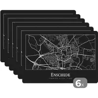 KitchenYeah Placemat - Placemats kunststof - Kaart - Enschede - Stadskaart - Plattegrond - 45x30 cm - 6 stuks - Hittebestendig - Anti-Slip - Onderlegger - Afneembaar