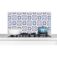 KitchenYeah Spatscherm keuken 100x50 cm - Kookplaat achterwand Bloem - Blauw - Rood - Patroon - Muurbeschermer - Spatwand fornuis - Hoogwaardig aluminium