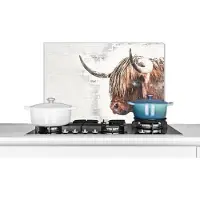 KitchenYeah Spatscherm keuken 60x40 cm - Kookplaat achterwand Schotse Hooglander - Abstract - Krantenpapier - Muurbeschermer - Spatwand fornuis - Hoogwaardig aluminium