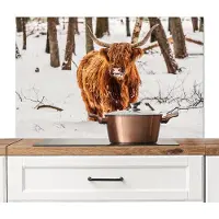 KitchenYeah Spatscherm keuken 100x65 cm - Kookplaat achterwand Schotse Hooglander - Sneeuw - Winter - Natuur - Dieren - Muurbeschermer - Spatwand fornuis - Hoogwaardig aluminium