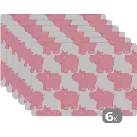 KitchenYeah Placemat - Placemats kunststof - Nijlpaard - Roze - Meisje - Kind - Patronen - 45x30 cm - 6 stuks - Hittebestendig - Anti-Slip - Onderlegger - Afneembaar