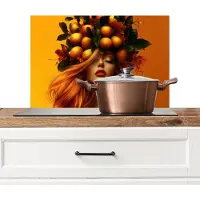 KitchenYeah Spatscherm keuken 70x50 cm - Kookplaat achterwand Vrouw - Citroenen - Bloesem - Geel - Muurbeschermer - Spatwand fornuis - Hoogwaardig aluminium