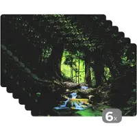KitchenYeah Placemat - Placemats kunststof - Jungle - Stenen - Water - Natuur - Planten - 45x30 cm - 6 stuks - Hittebestendig - Anti-Slip - Onderlegger - Afneembaar