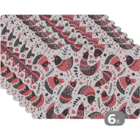 KitchenYeah Placemat - Placemats kunststof - Vogel - Kip - Patroon - 45x30 cm - 6 stuks - Hittebestendig - Anti-Slip - Onderlegger - Afneembaar