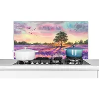 KitchenYeah Spatscherm keuken - Lavendel - Verf - Bloemen - Vogel - Bomen - Spatwand - Keuken decoratie - 100x50 cm - Keuken achterwand - Muurbeschermer